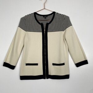 Talbots Cardigan Sweater Womens Medium Petite Cream Black Stripe Zip Pockets
